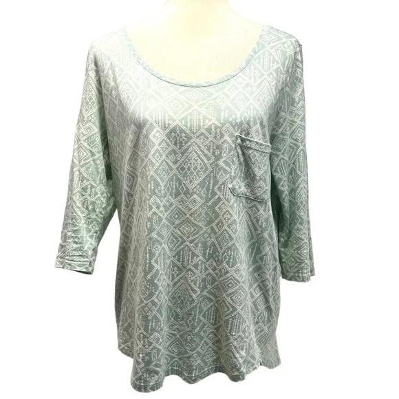 Peruvian Connection Light Green Printed Pima Cotton Bateau Neck Top Women Medium - Picture 10 of 10